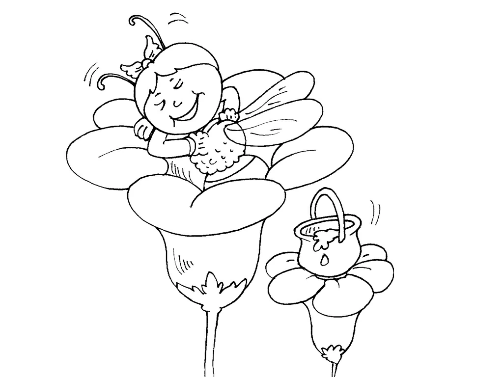 Dibujo de La Abeja Maya sentada en una flor con un cubo de miel para colorear