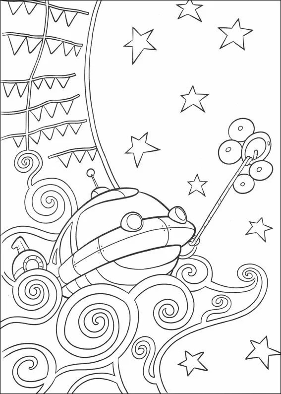 Dibujo de Little Einsteins nave espacial entre estrellas y espirales para colorear