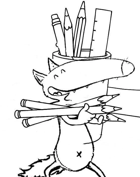 Dibujo de Lobo Auzou sosteniendo lápices y un bote de material escolar para colorear