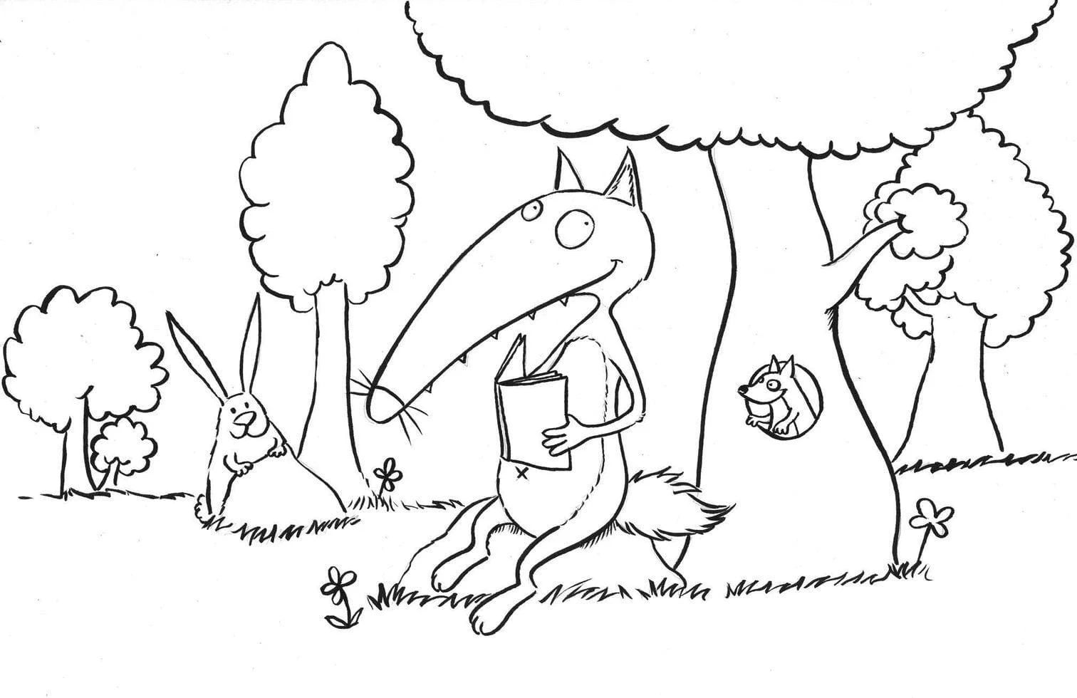 Dibujo de Lobo Auzou leyendo un libro en el bosque para colorear