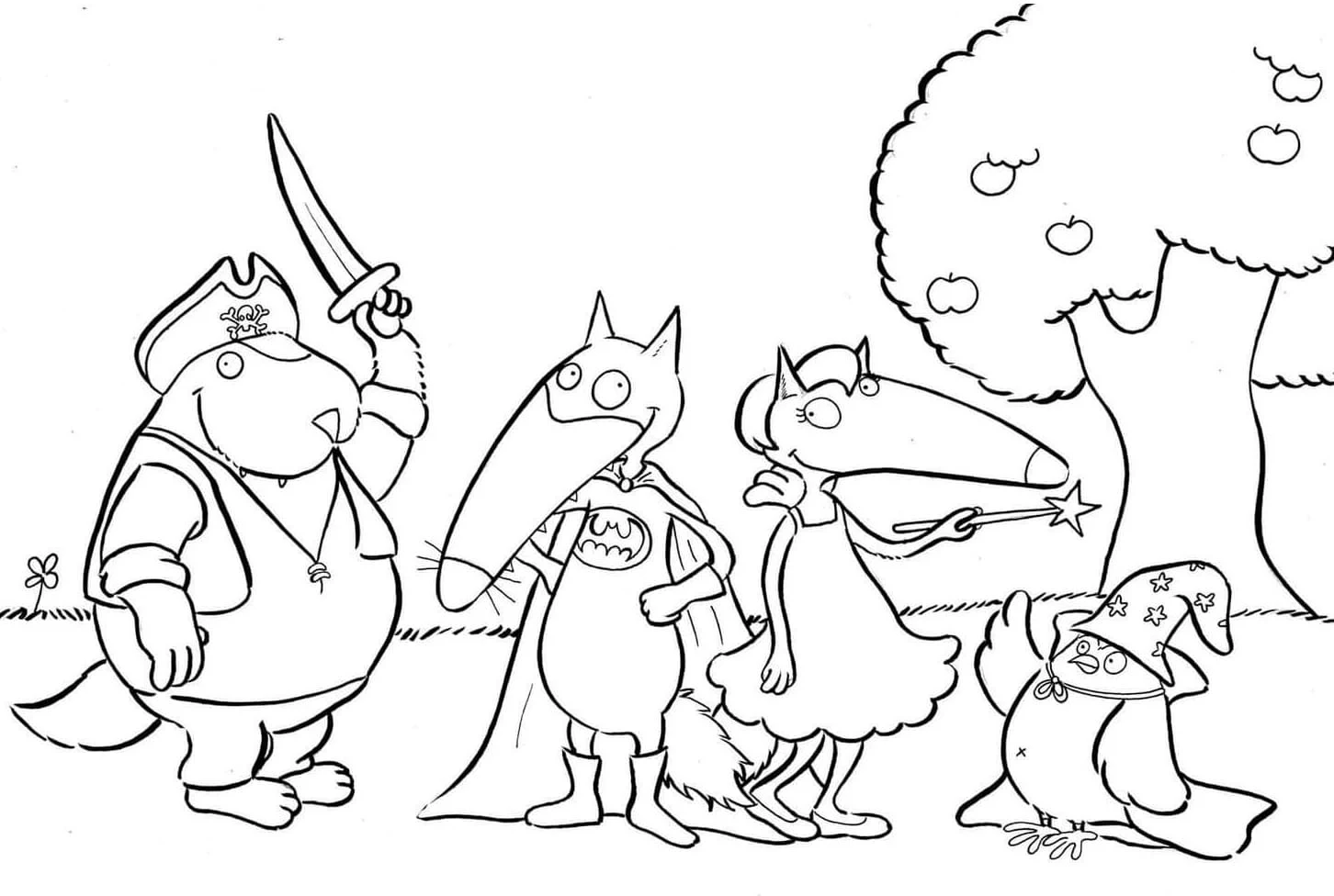 Dibujo de Lobo Auzou y sus amigos disfrazados para colorear