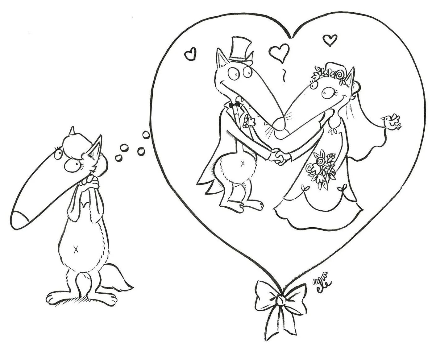 Dibujo de Lobo Auzou soñando con su boda para colorear