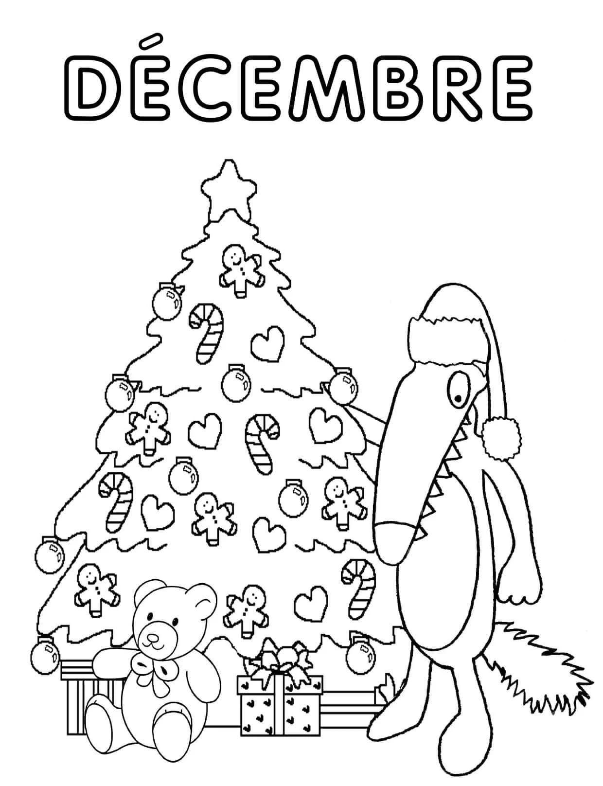Dibujo de Lobo Auzou junto a un árbol de Navidad decorado para colorear