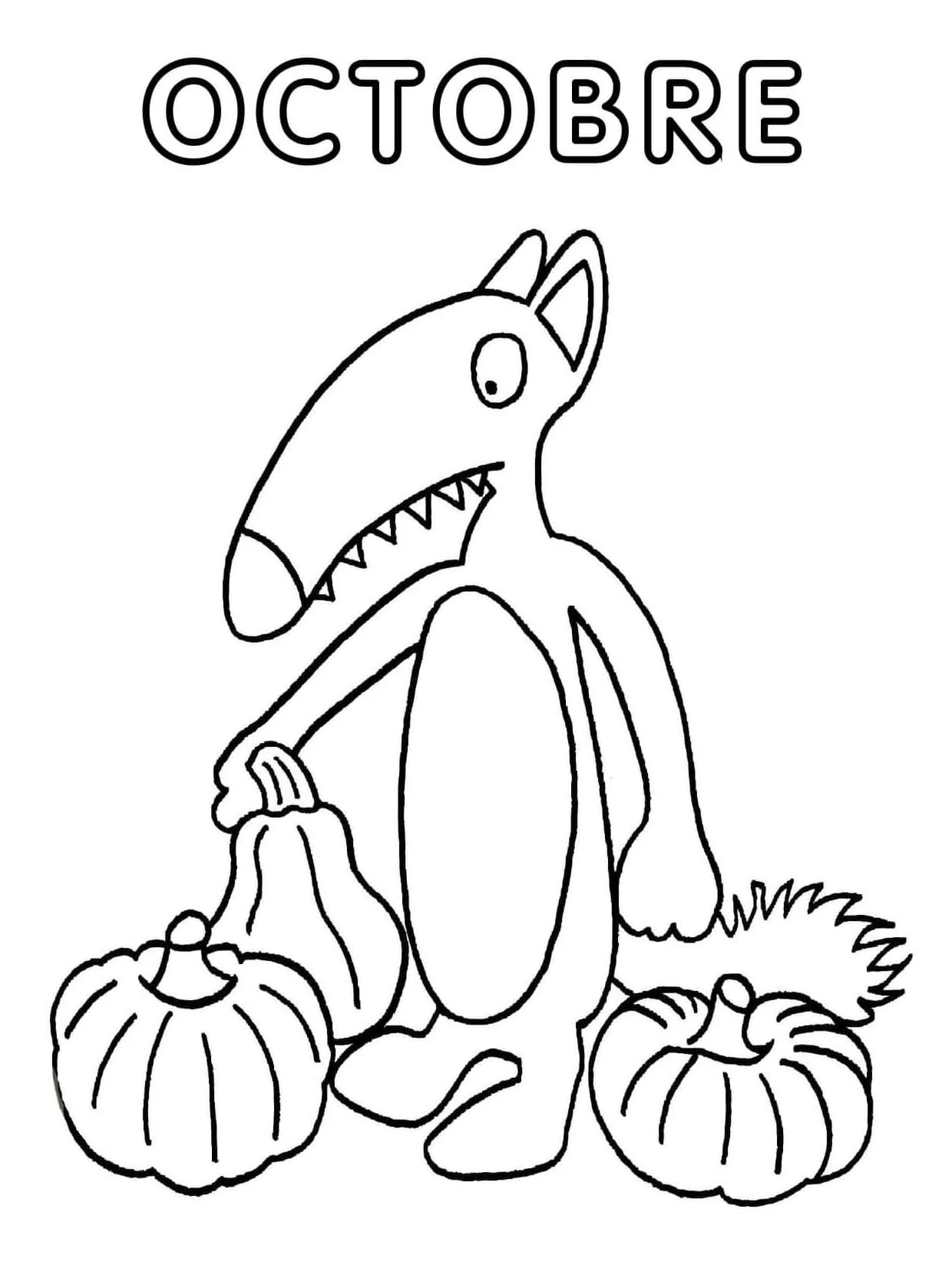 Dibujo de Lobo Auzou sujetando una calabaza en octubre para colorear