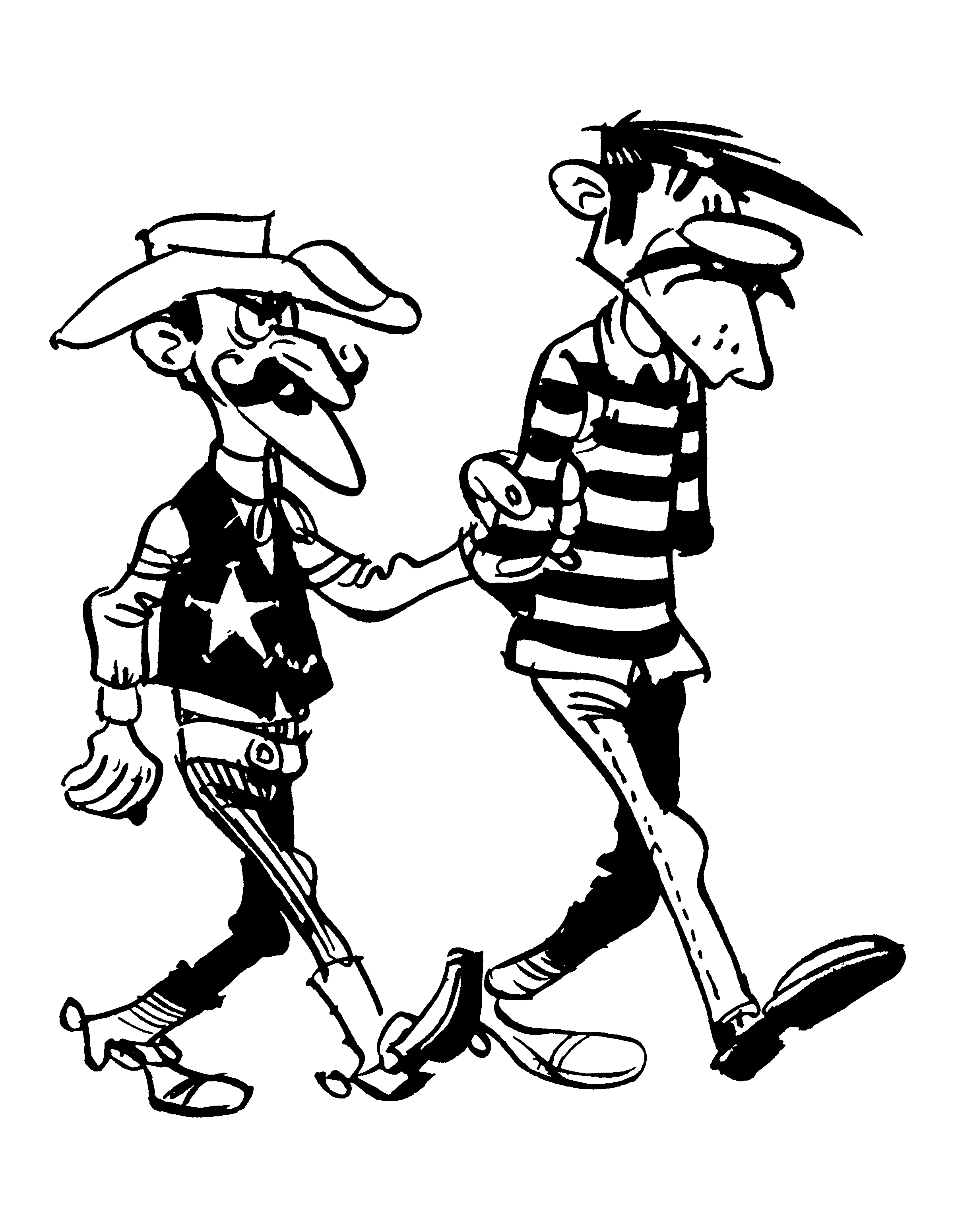 Dibujo de Lucky Luke escoltando a un hermano Dalton esposado para colorear Dibujo de Lucky Luke escoltando a un hermano Dalton esposado para colorear