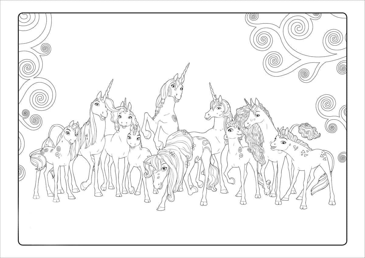 Dibujo de Unicornios de Mia y Me reunidos en manada para colorear Dibujo de Unicornios de Mia y Me reunidos en manada para colorear
