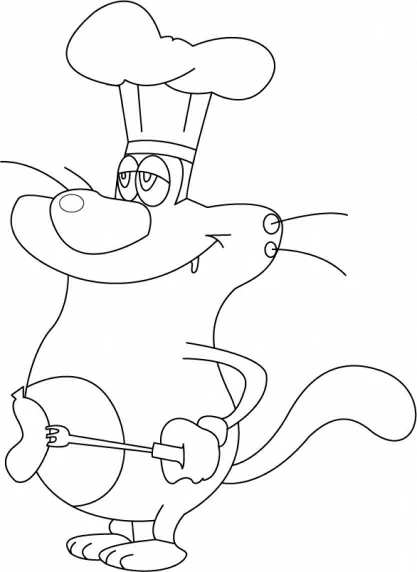Dibujo de Oggy disfrazado de cocinero con una salchicha para colorear