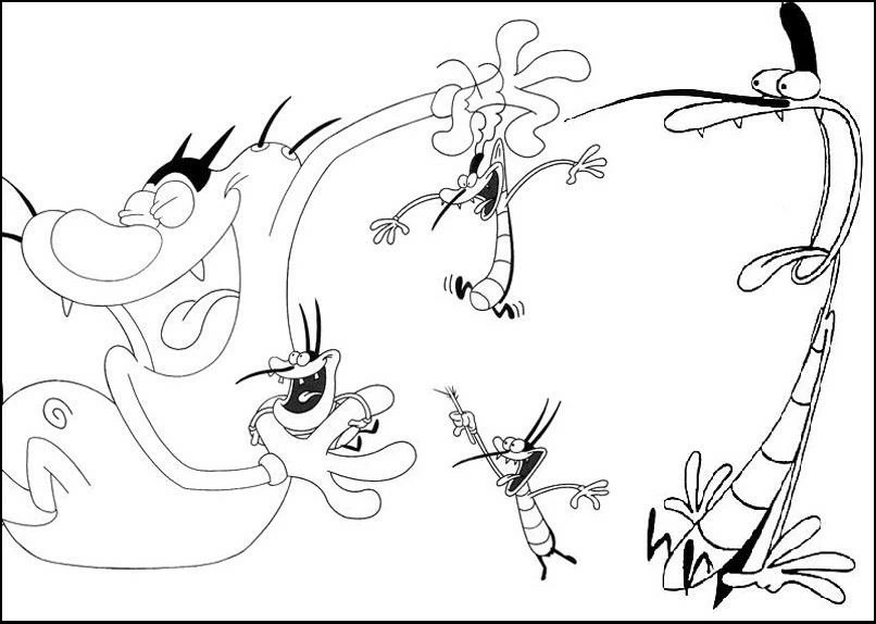 Dibujo de Oggy persiguiendo a las tres cucarachas para colorear