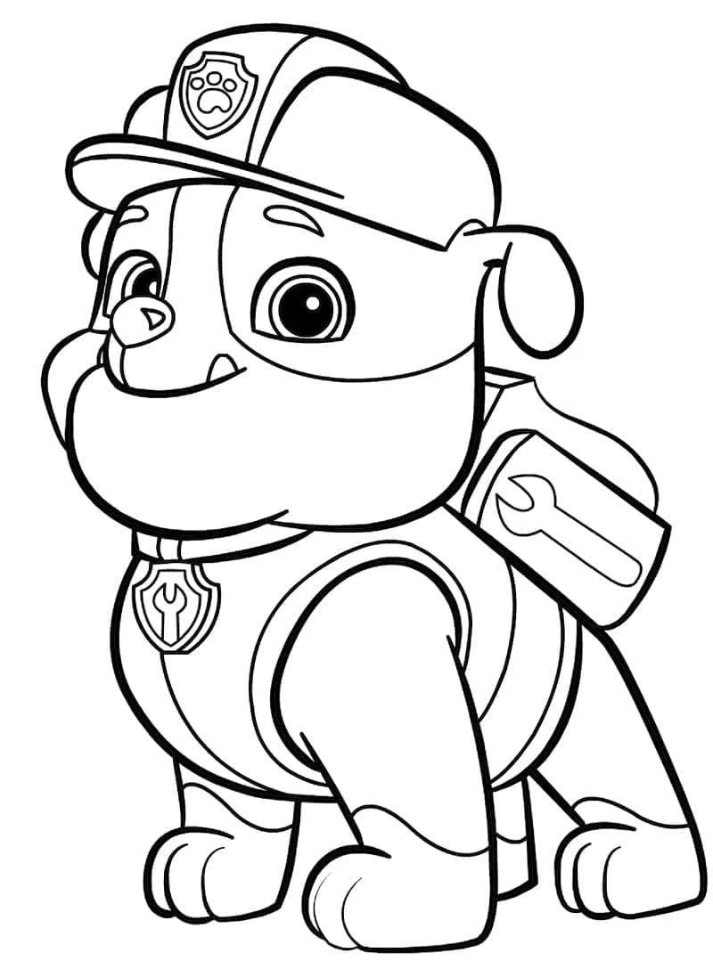 Dibujo de Rubble de Paw Patrol sentado con su mochila de herramientas para colorear