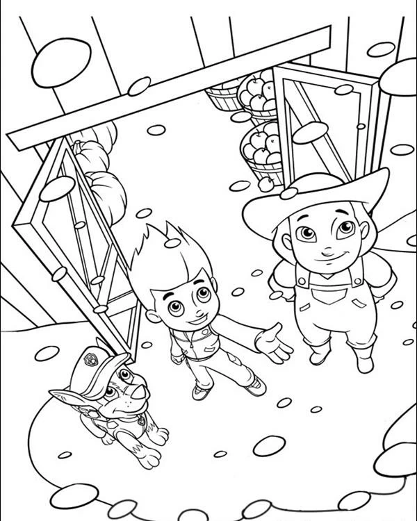 Dibujo de Paw Patrol Ryder y un granjero en el granero para colorear