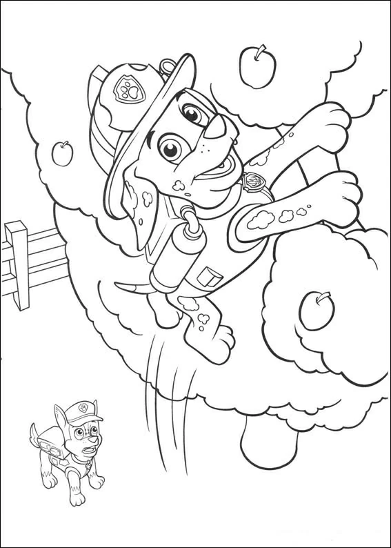 Dibujo de Paw Patrol - Marshall saltando entre una nube de polvo para colorear