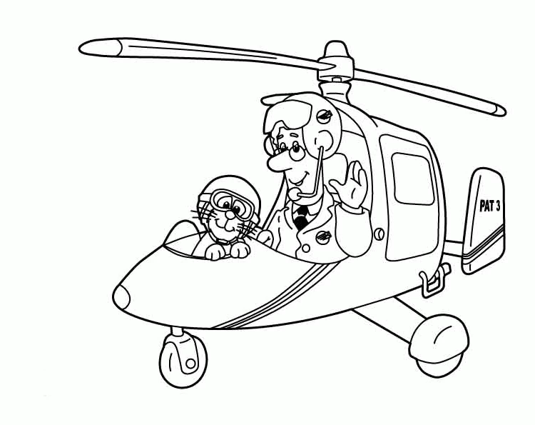 Dibujo de Postman Pat volando su helicóptero con Jess para colorear