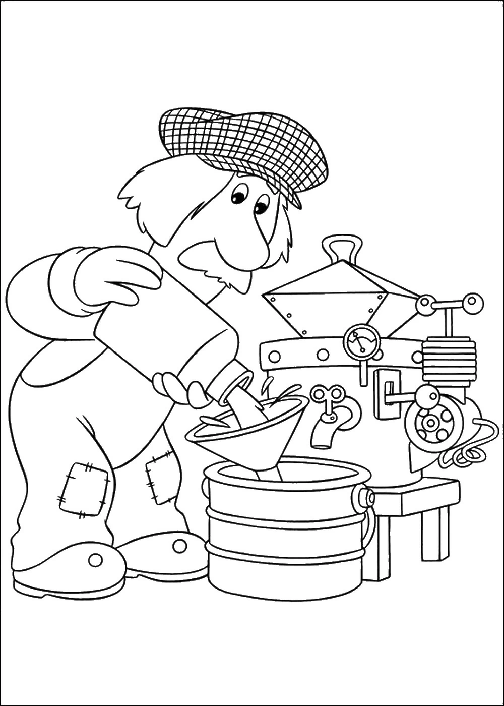 Dibujo de Postman Pat vertiendo líquido en una máquina para colorear Dibujo de Postman Pat vertiendo líquido en una máquina para colorear
