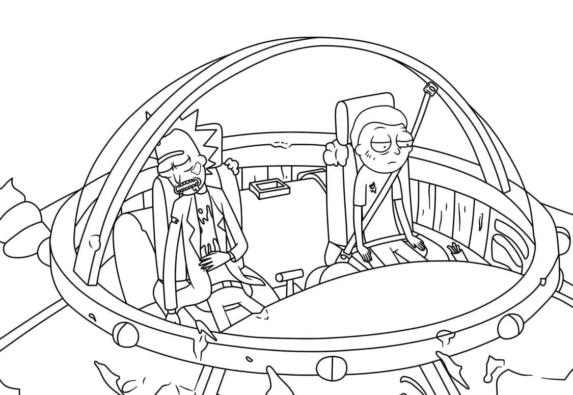 Dibujo de Rick y Morty viajando en su nave espacial para colorear