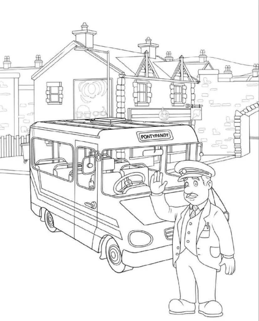 Dibujo de Sam el Bombero con el autobús de Pontypandy para colorear Dibujo de Sam el Bombero con el autobús de Pontypandy para colorear