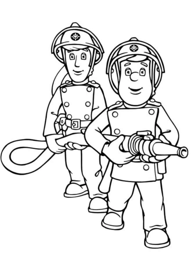 Dibujo de Sam el Bombero con un compañero sujetando la manguera para colorear
