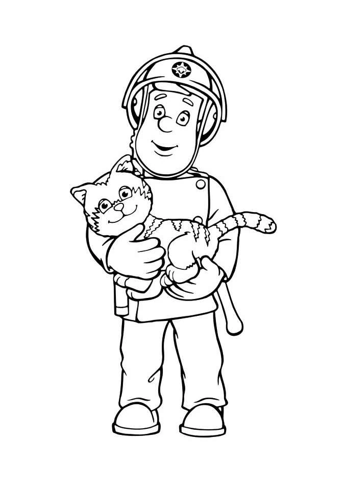 Dibujo de Sam el Bombero sosteniendo a un gato rescatado para colorear