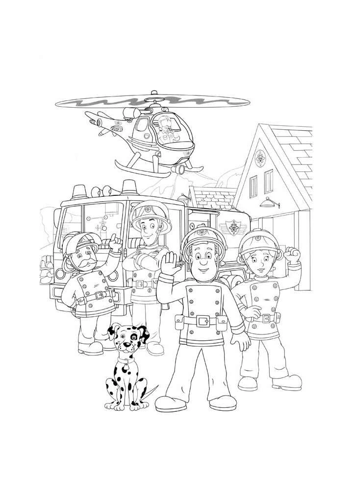 Dibujo de Sam el Bombero junto a todo su equipo de bomberos para colorear Dibujo de Sam el Bombero junto a todo su equipo de bomberos para colorear