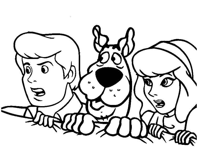 Dibujo de Scooby Doo, Fred y Daphne asustados observando para colorear