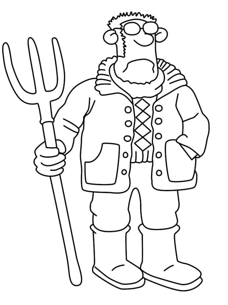 Dibujo de Granjero de Shaun la Oveja con un rastrillo para colorear