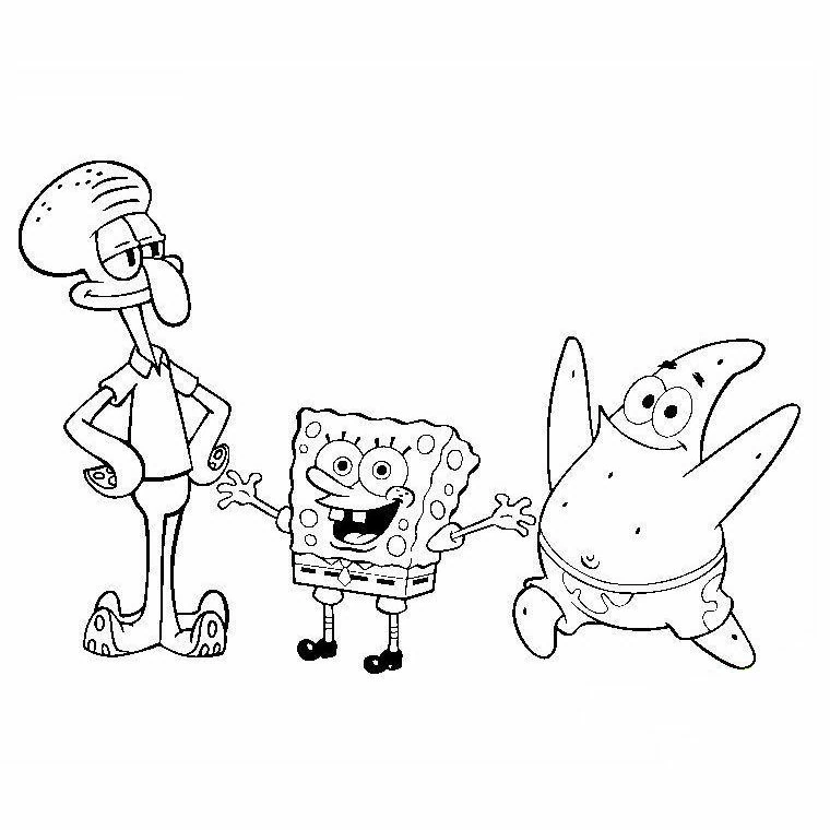 Dibujo de SpongeBob SquarePants con Squidward y Patricio para colorear