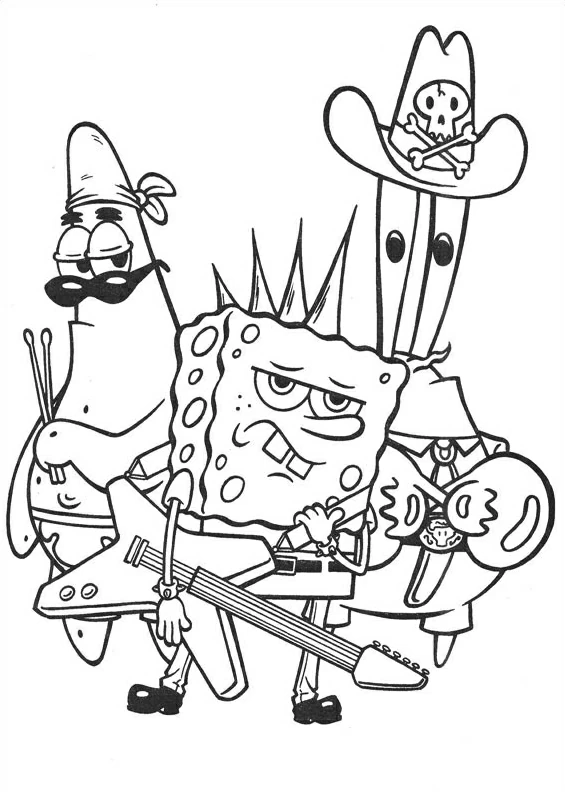 Dibujo de SpongeBob tocando la guitarra con Patrick y Calamardo para colorear