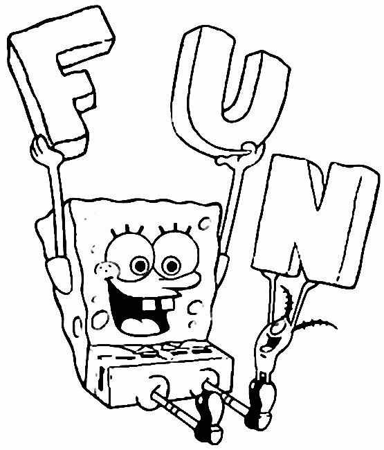 Dibujo de SpongeBob SquarePants sosteniendo las letras FUN para colorear