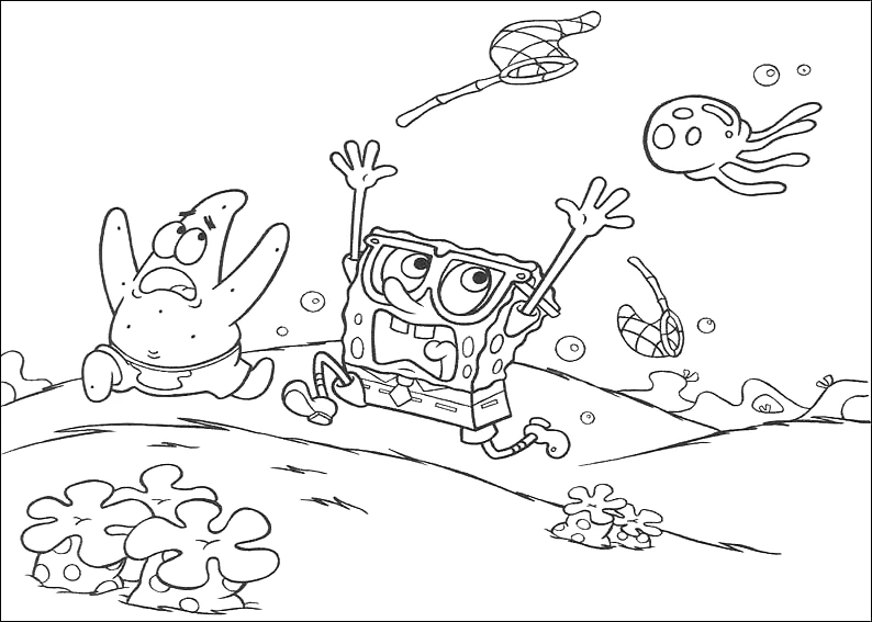 Dibujo de SpongeBob SquarePants y Patricio persiguiendo medusas para colorear