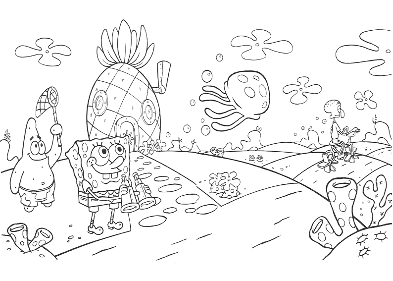 Dibujo de Bob Esponja y Patricio junto a la casa piña para colorear