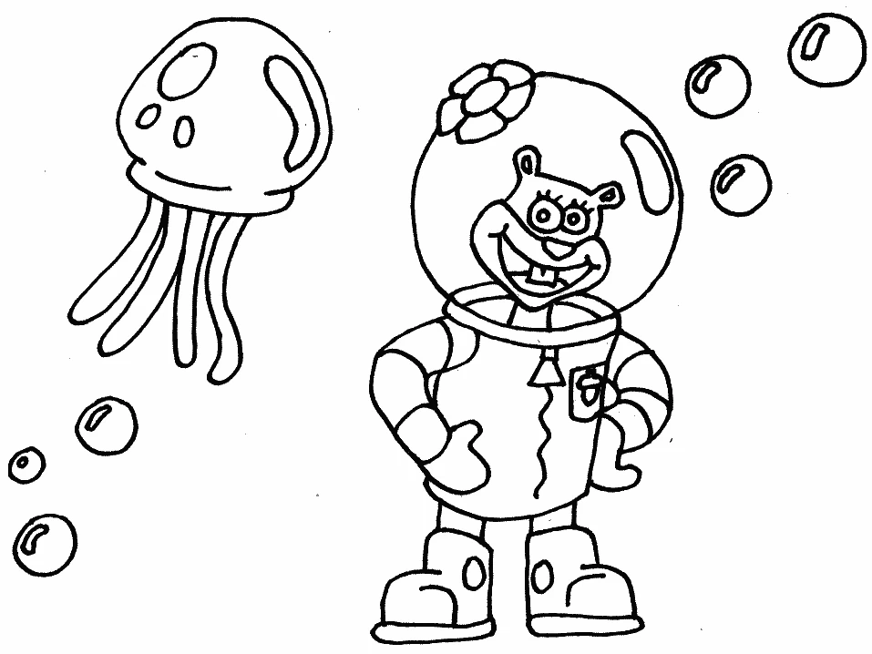 Dibujo de Sandy Cheeks con una medusa bajo el agua para colorear