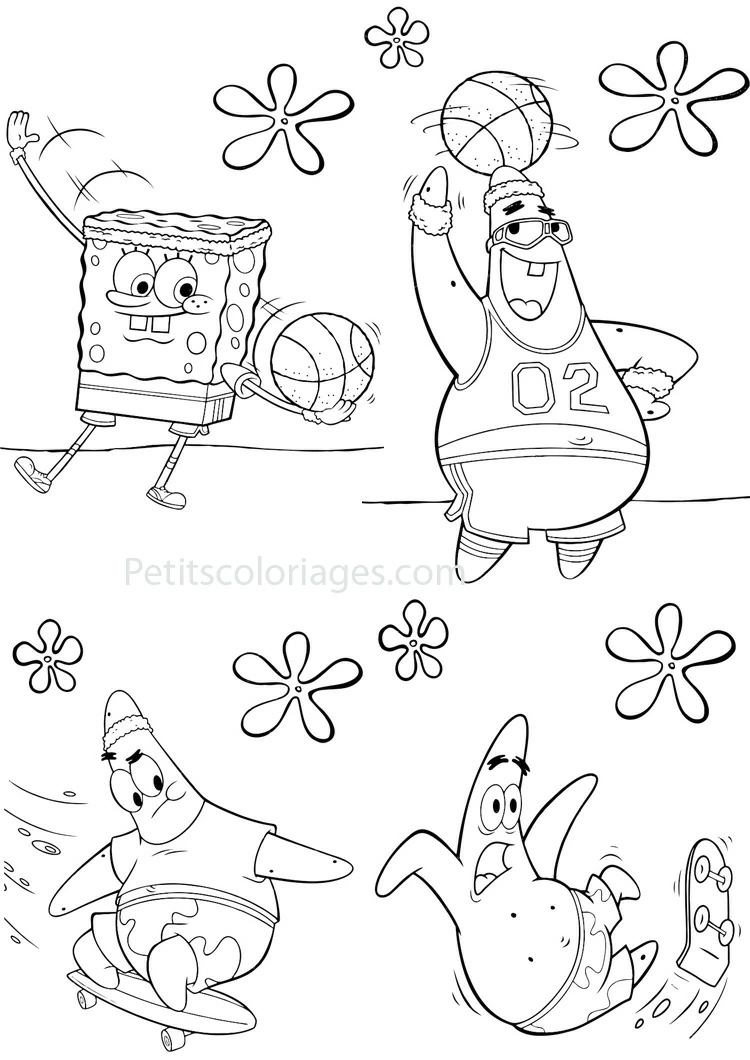 Dibujo de SpongeBob SquarePants y Patrick jugando baloncesto y patinando para colorear