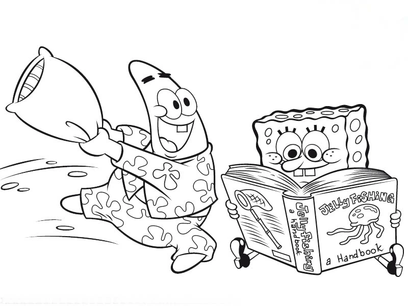 Dibujo de SpongeBob SquarePants leyendo mientras Patricio agita una almohada para colorear Dibujo de SpongeBob SquarePants leyendo mientras Patricio agita una almohada para colorear