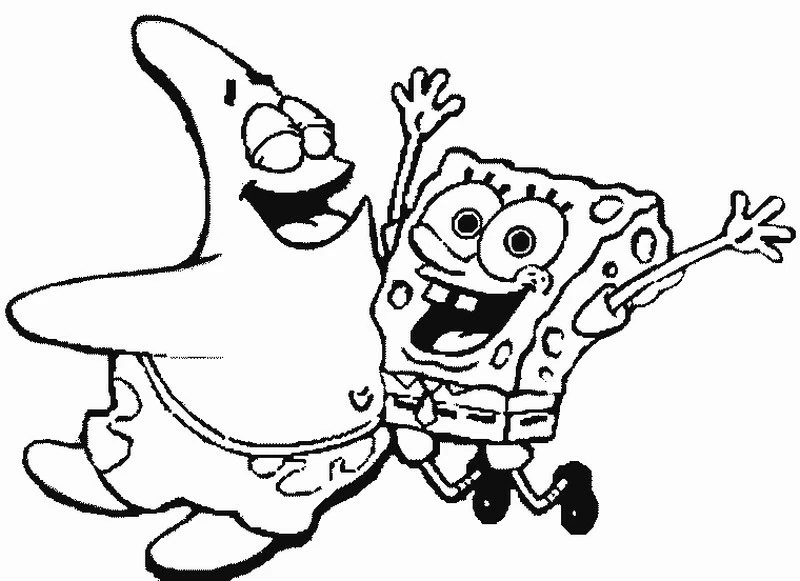 Dibujo de SpongeBob SquarePants y Patricio saltando felices para colorear