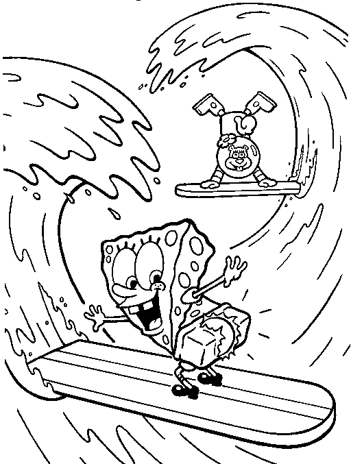 Dibujo de SpongeBob SquarePants surfeando una gran ola para colorear
