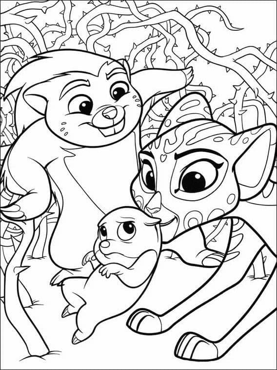 Dibujo de Personajes de The Lion Guard reunidos en el bosque para colorear