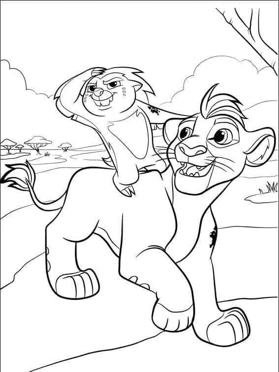 Dibujo de Bunga y Kion explorando la sabana para colorear
