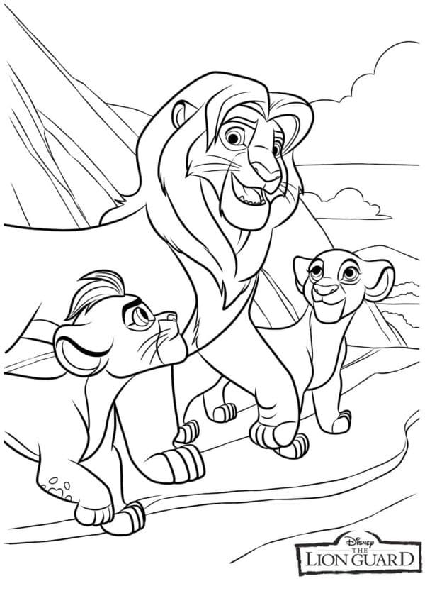 Dibujo de The Lion Guard león adulto con dos cachorros para colorear
