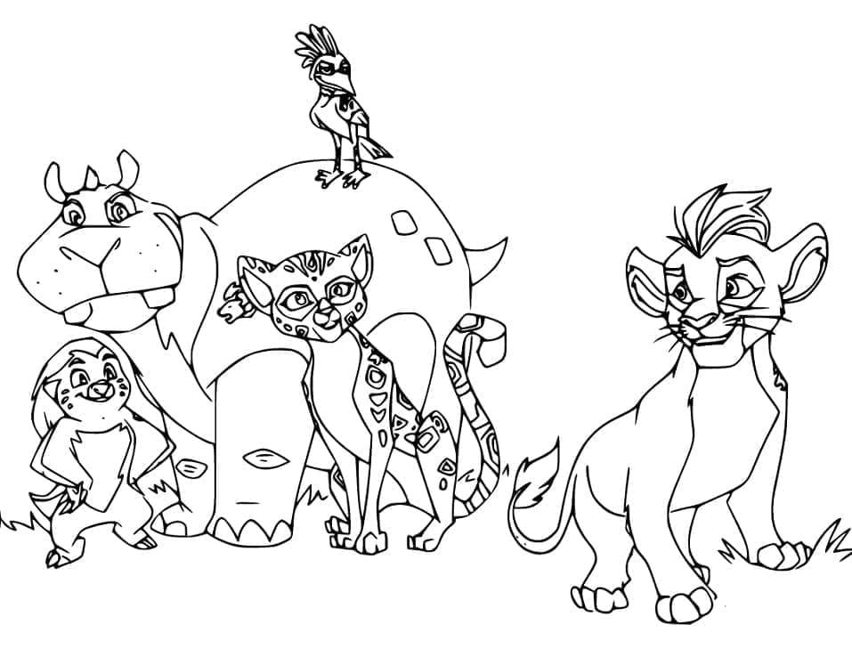 Dibujo de Kion junto a Bunga, Beshte, Fuli y Ono para colorear