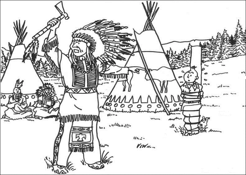 Dibujo de Tintín capturado en el campamento indio para colorear Dibujo de Tintín capturado en el campamento indio para colorear