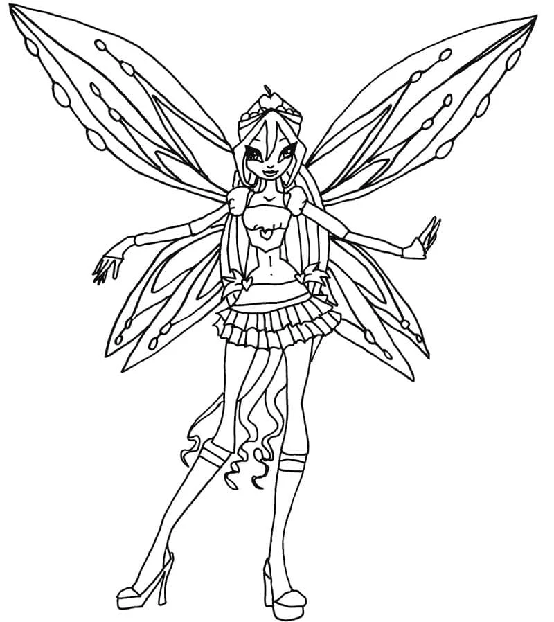 Dibujo de Bloom en pose de hada con alas de mariposa para colorear Dibujo de Bloom en pose de hada con alas de mariposa para colorear