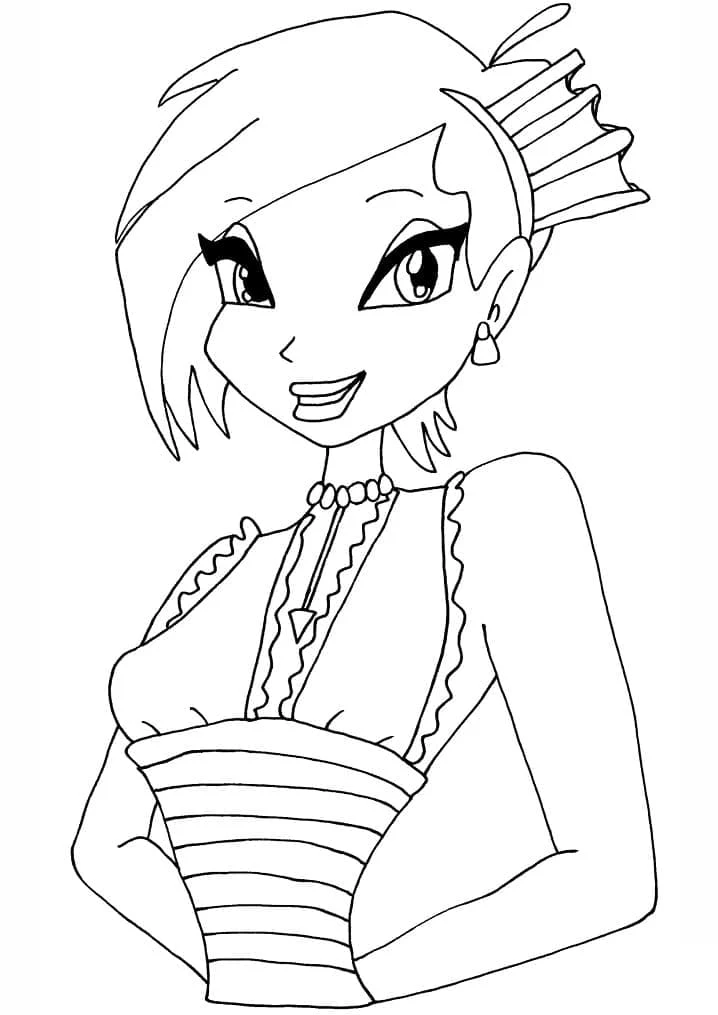 Dibujo de Tecna de Winx sonriendo con look elegante para colorear