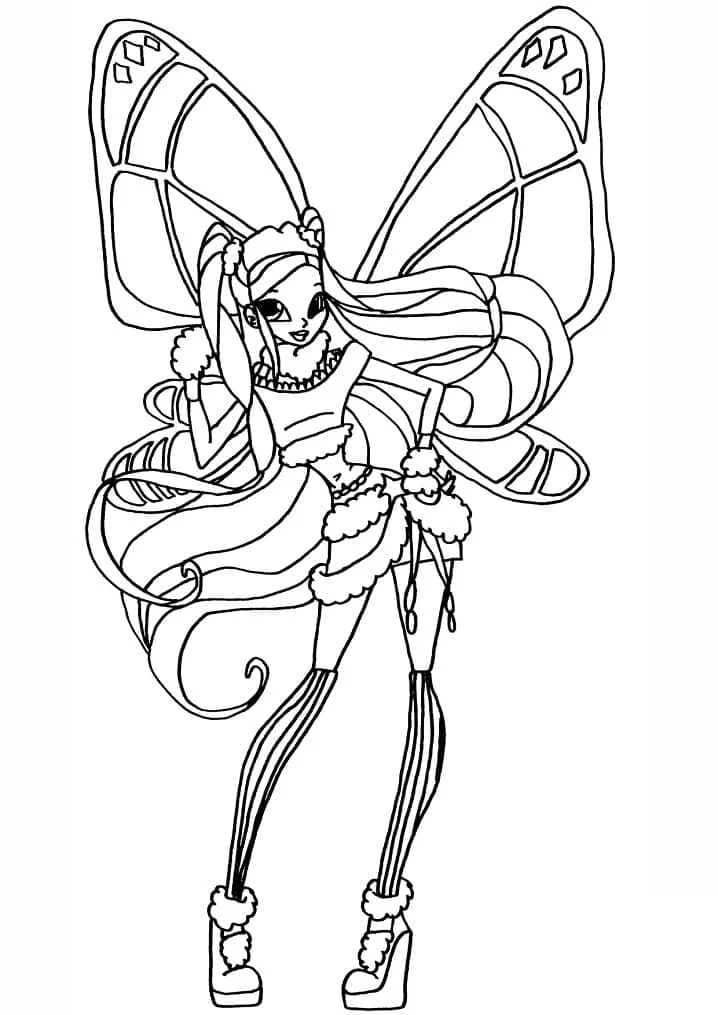 Dibujo de Stella con alas de mariposa y cabello largo ondulado para colorear
