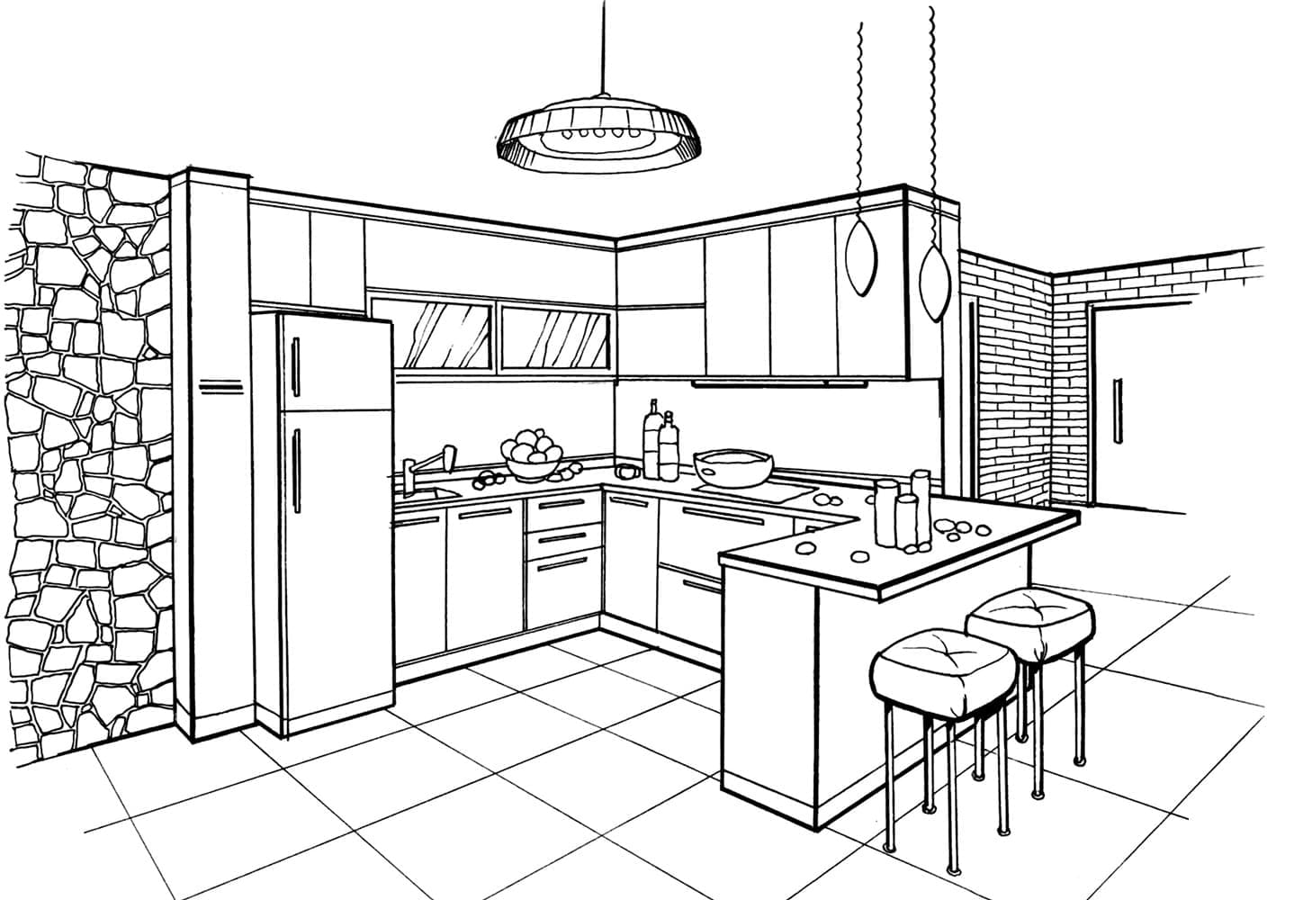 Dibujo de Cocina moderna con isla y taburetes para colorear