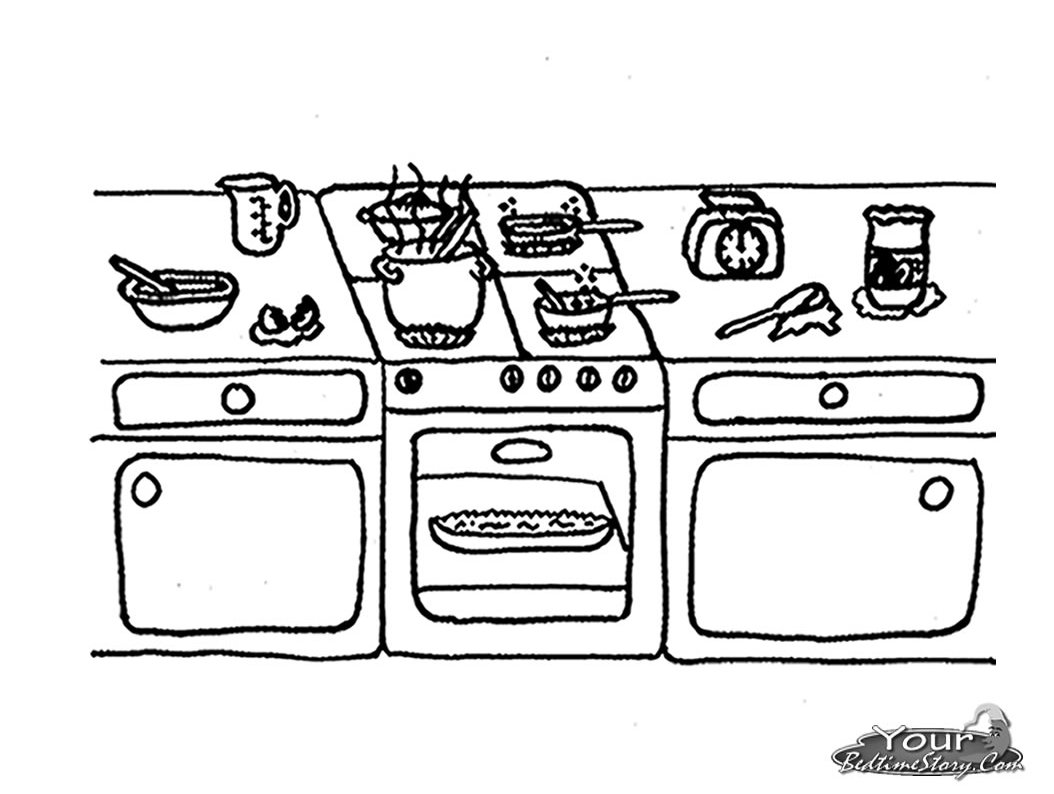 Dibujo de Cocina activa con estufa y comida cocinándose para colorear