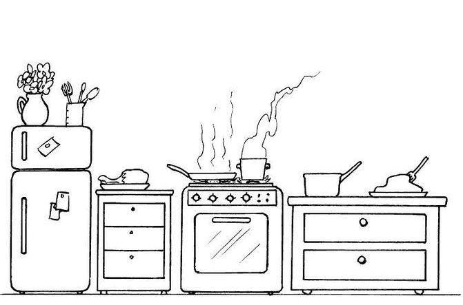Dibujo de Cocina con estufa y refrigerador para colorear