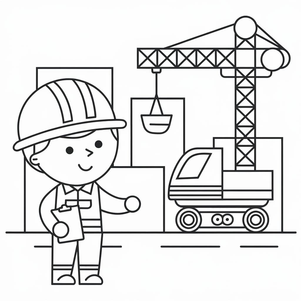 Dibujo de Obras con obrero y grúa para colorear