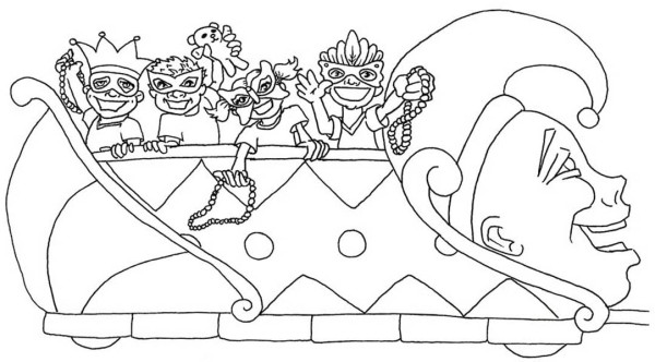 Dibujo de Carroza de Mardi Gras con niños enmascarados para colorear