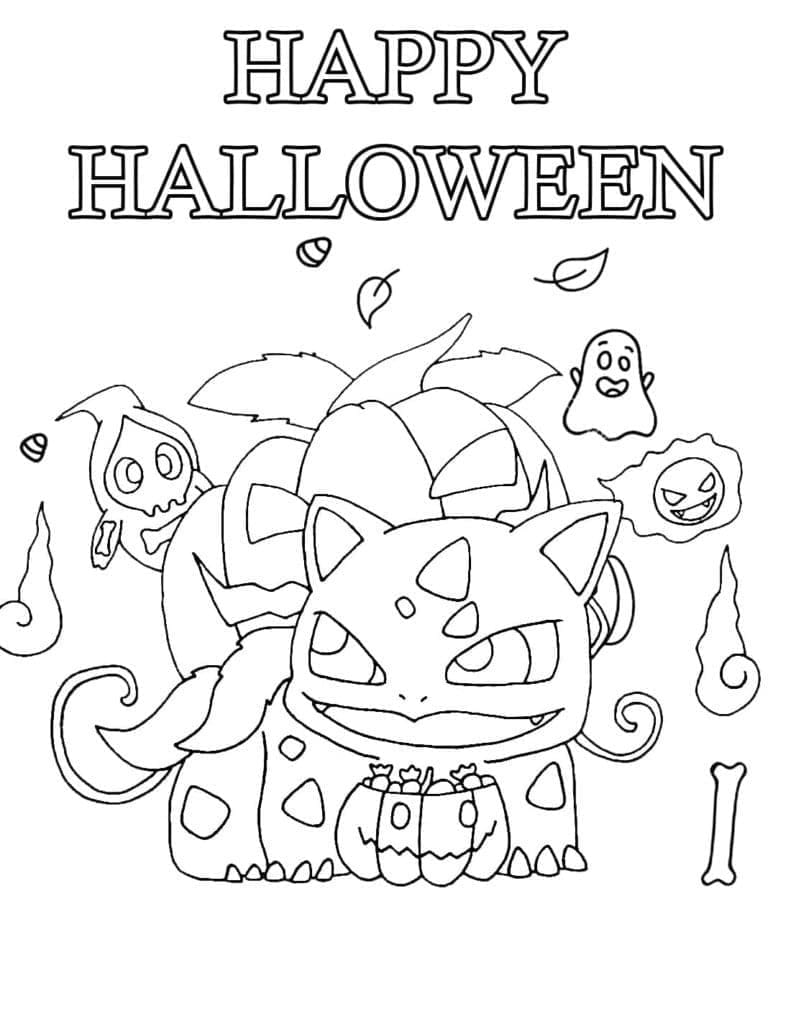 Dibujo de Pokémon Bulbasaur disfrazado de calabaza en Halloween para colorear