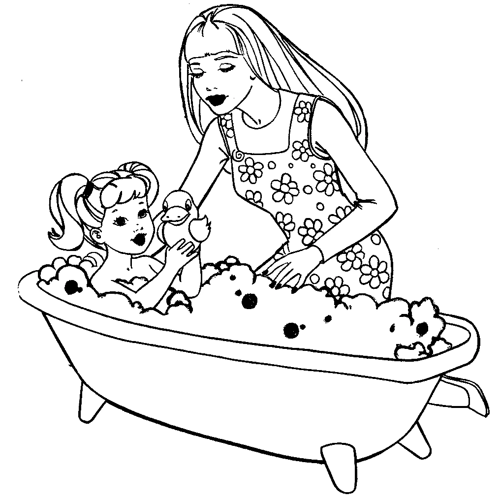 Dibujo de Barbie bañando a Kelly con burbujas para colorear