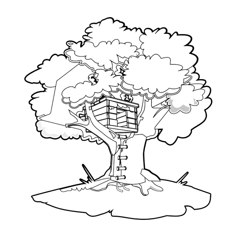 Dibujo de Árbol con una cabaña construida entre sus ramas para colorear